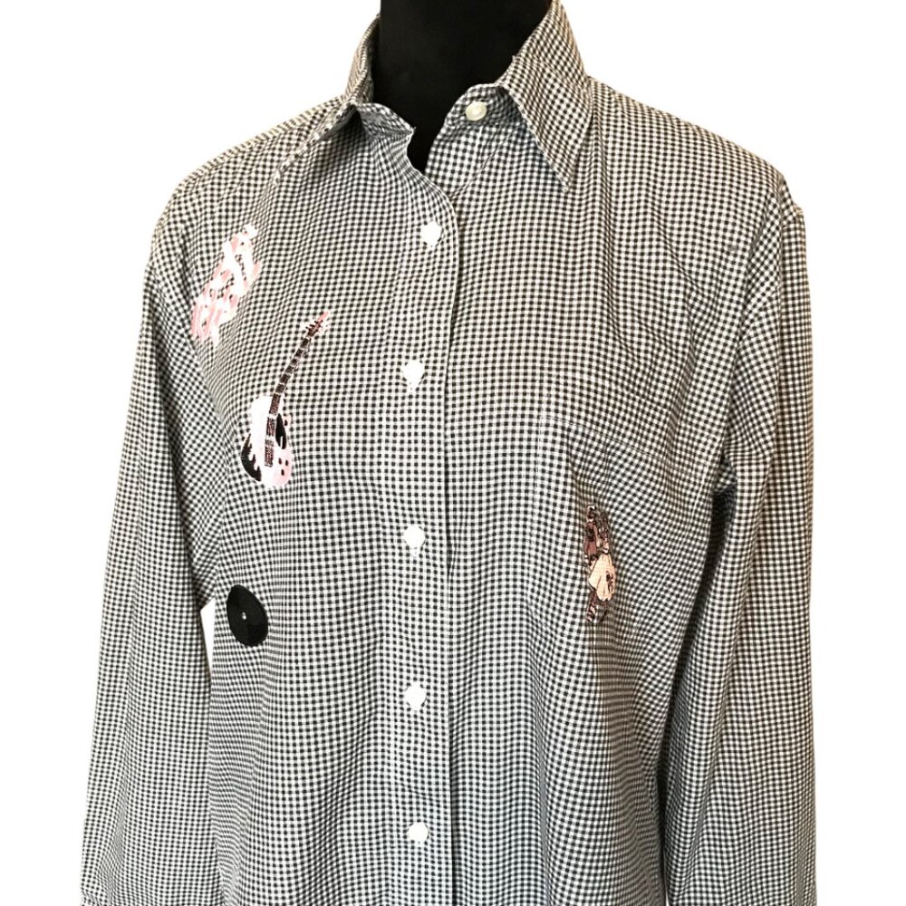 Las Olas Rock & Roll 50s Shirt, Black White Gingham w/ 1950s Appliques Sz Small